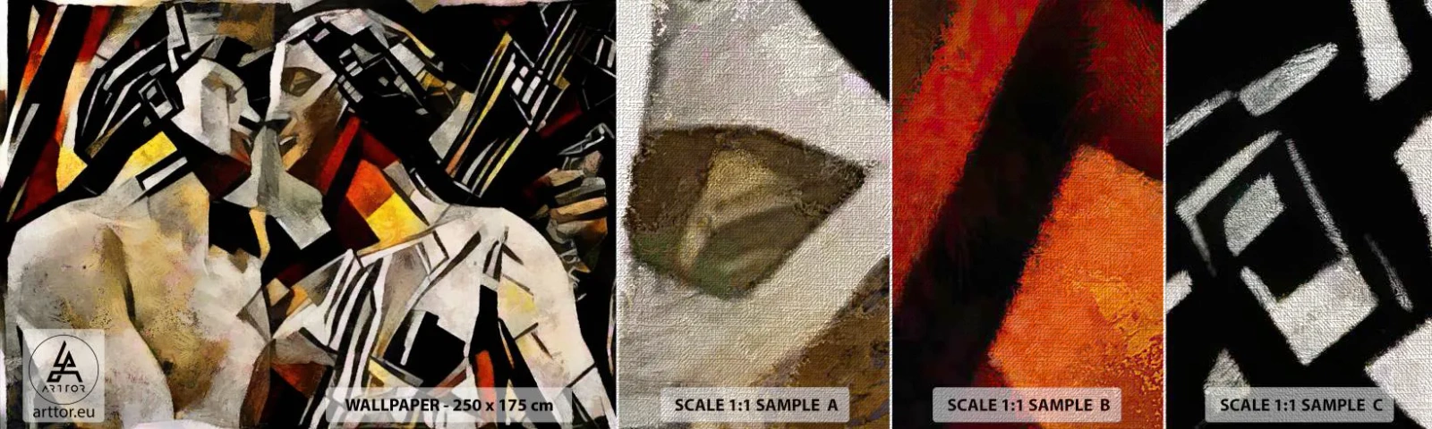 Fotobehang Monster Premium Canvas - Een statige kus - Verliefd stel, Kubisme, Kus - 100x30 cm