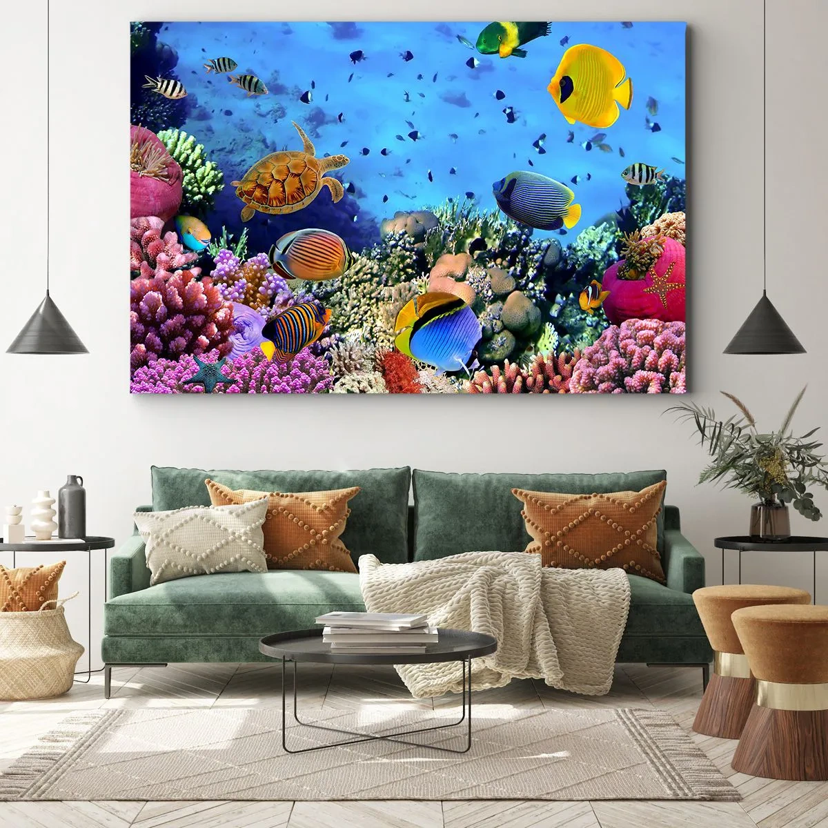 Schilderen op canvas - Koraalrif met kleurrijke vissen en een zeeschildpad - 70x50cm - En wat weten we over het leven... - Moderne wanddecoratie voor woonkamer en slaapkamer ARTTOR