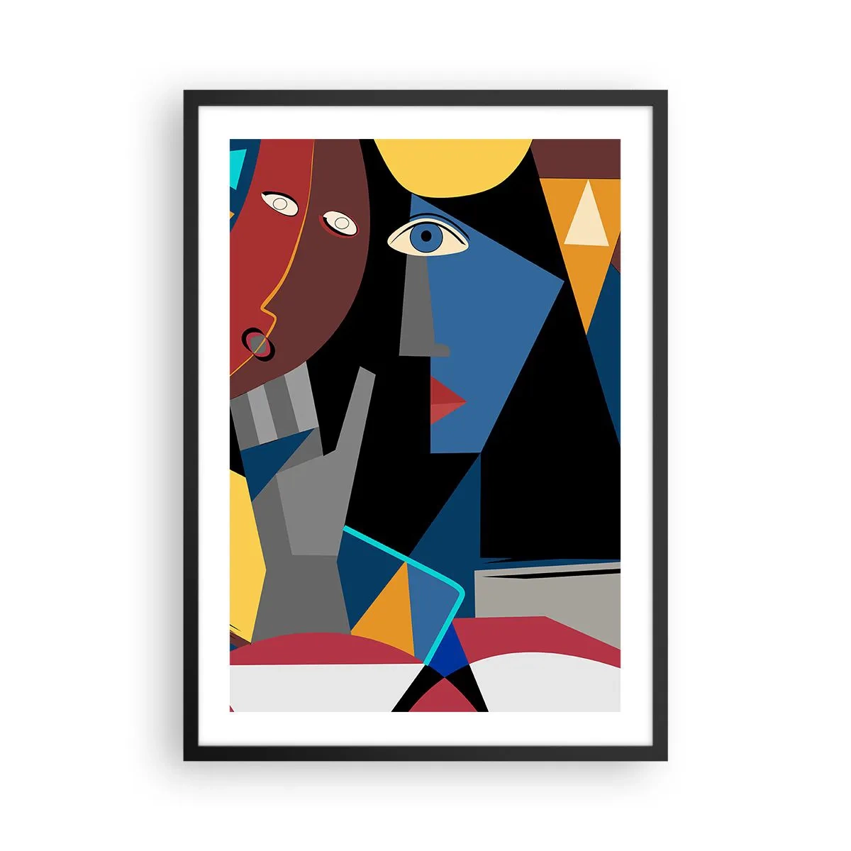 Poster in een zwarte lijst - Kubistische abstractie van een gezicht in levendige kleuren - 50x70cm - Een gesprek tussen kubisten - Moderne wanddecoratie voor woonkamer en slaapkamer ARTTOR