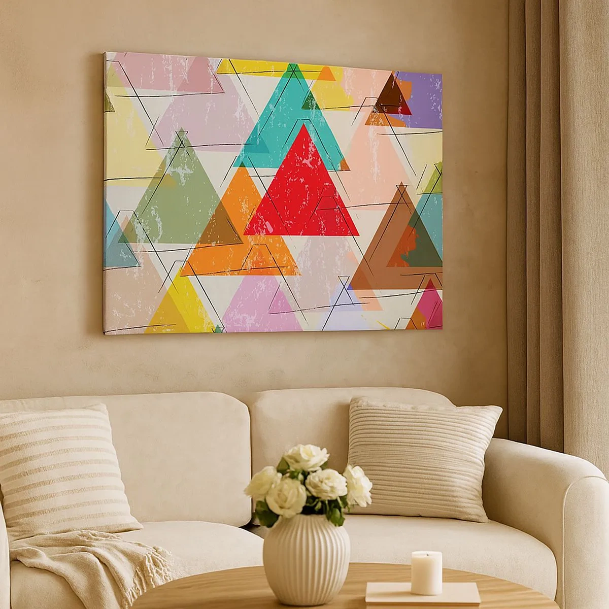 Schilderen op canvas - Kleurrijke abstractie met geometrische driehoeken - 70x50cm - Onzinnige praat uitslaan - Moderne wanddecoratie voor woonkamer en slaapkamer ARTTOR