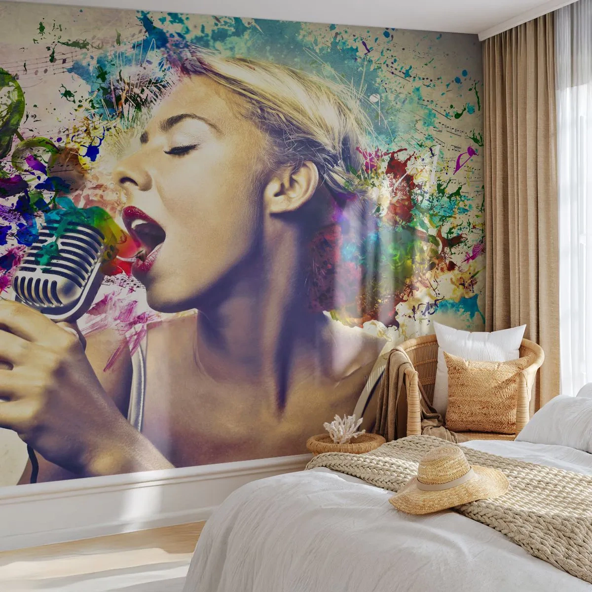 Zelfklevend Fotobehang Deluxe Sticker - Schilder de wereld met je stem - Vrouw, Muziek, 3D - 250x175 cm