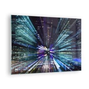 Schilderen op glas - Dynamische lichtlijnen tegen de achtergrond van een nachtelijke stad - 70x50cm - Overgang naar hyperspace - Moderne wanddecoratie voor woonkamer en slaapkamer ARTTOR