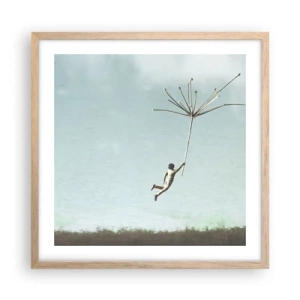 Een poster in een licht eiken lijst - Vliegers, paardebloemen, wind - 50x50 cm
