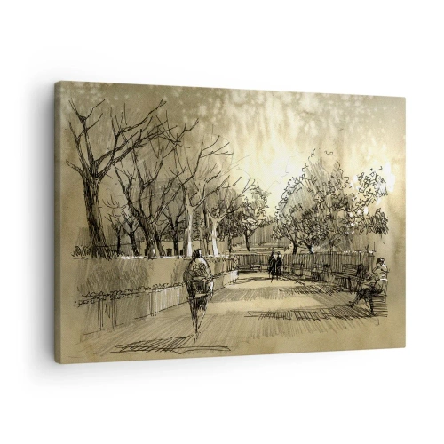Schilderen op canvas - Een cartoonscène van een park met wandelende mensen in warme tinten. - 70x50cm - Een moment gestopt met een veer - Moderne wanddecoratie voor woonkamer en slaapkamer ARTTOR