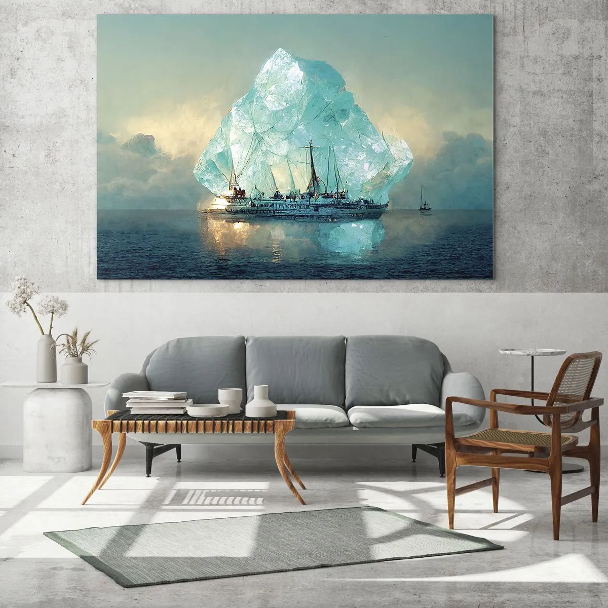 Schilderen op glas - Een zeilschip voor een enorme gletsjer in het arctische licht. - 70x50cm - Arctische diamant - Moderne wanddecoratie voor woonkamer en slaapkamer ARTTOR