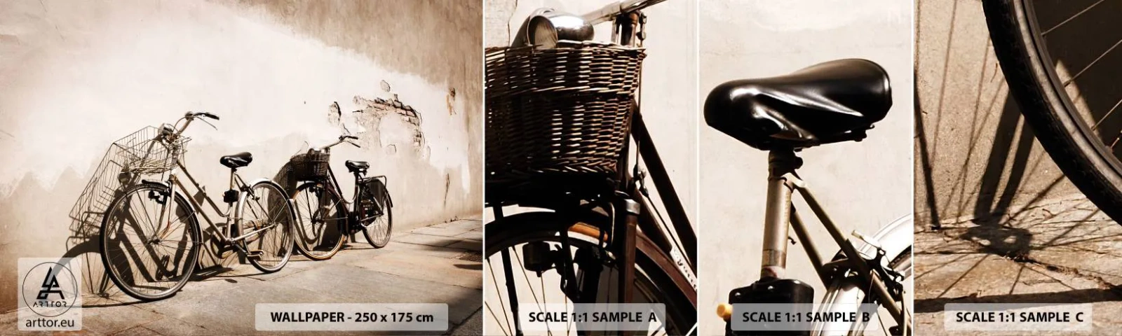 Fotobehang Staaltje Standard Eco - De onvergetelijke charme uit het verleden - Fiets, Reis, Vintage - 100x30 cm