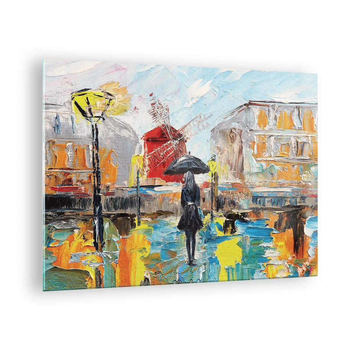 Schilderen op glas - Een vrouw met een paraplu tegen een stadsachtergrond in de stijl van het impressionisme - 70x50cm - Parijse legendes - Moderne wanddecoratie voor woonkamer en slaapkamer ARTTOR