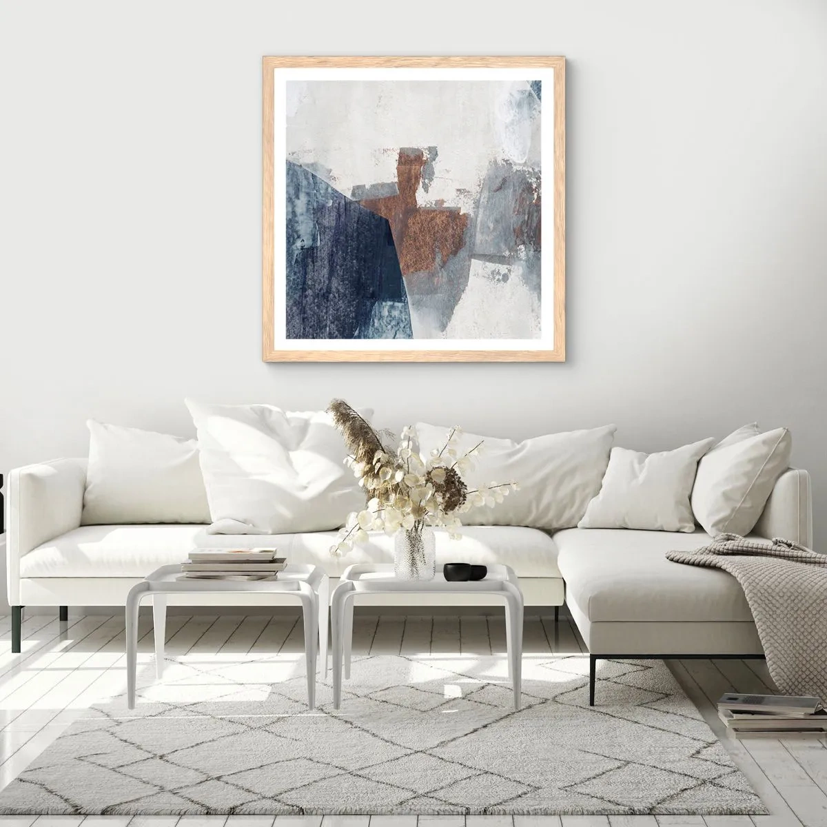 Een poster in een licht eiken lijst - Blauwe en bruine vormen - 40x40 cm