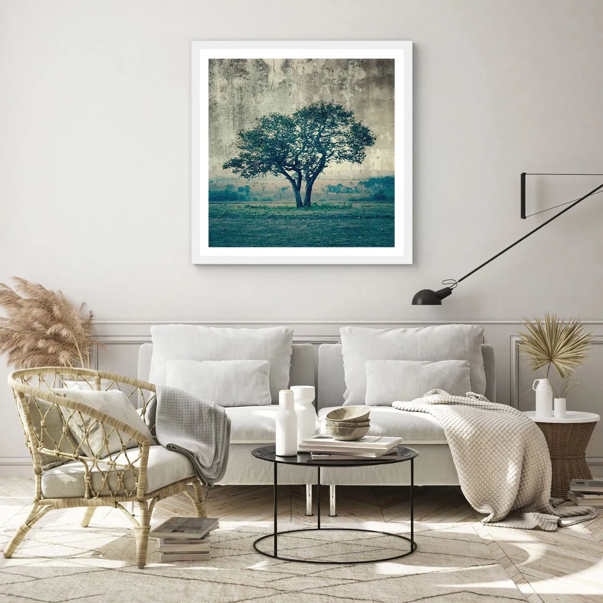 Poster in een witte lijst - Een appelboom op een blauw veld? - 60x60 cm