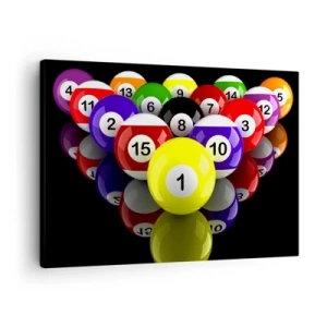 Schilderen op canvas - Kleurrijke biljartballen gerangschikt in een driehoek op een zwarte achtergrond - 70x50cm - Verschillende spelkleuren - Moderne wanddecoratie voor woonkamer en slaapkamer ARTTOR