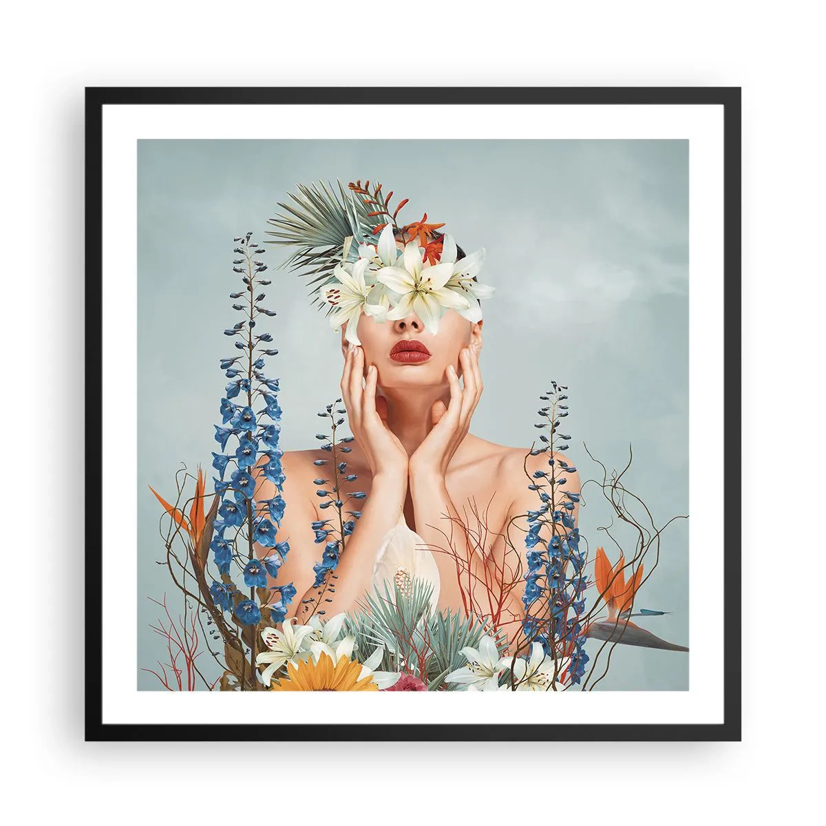 Poster in een zwarte lijst - Vrouw - bloem - 60x60 cm