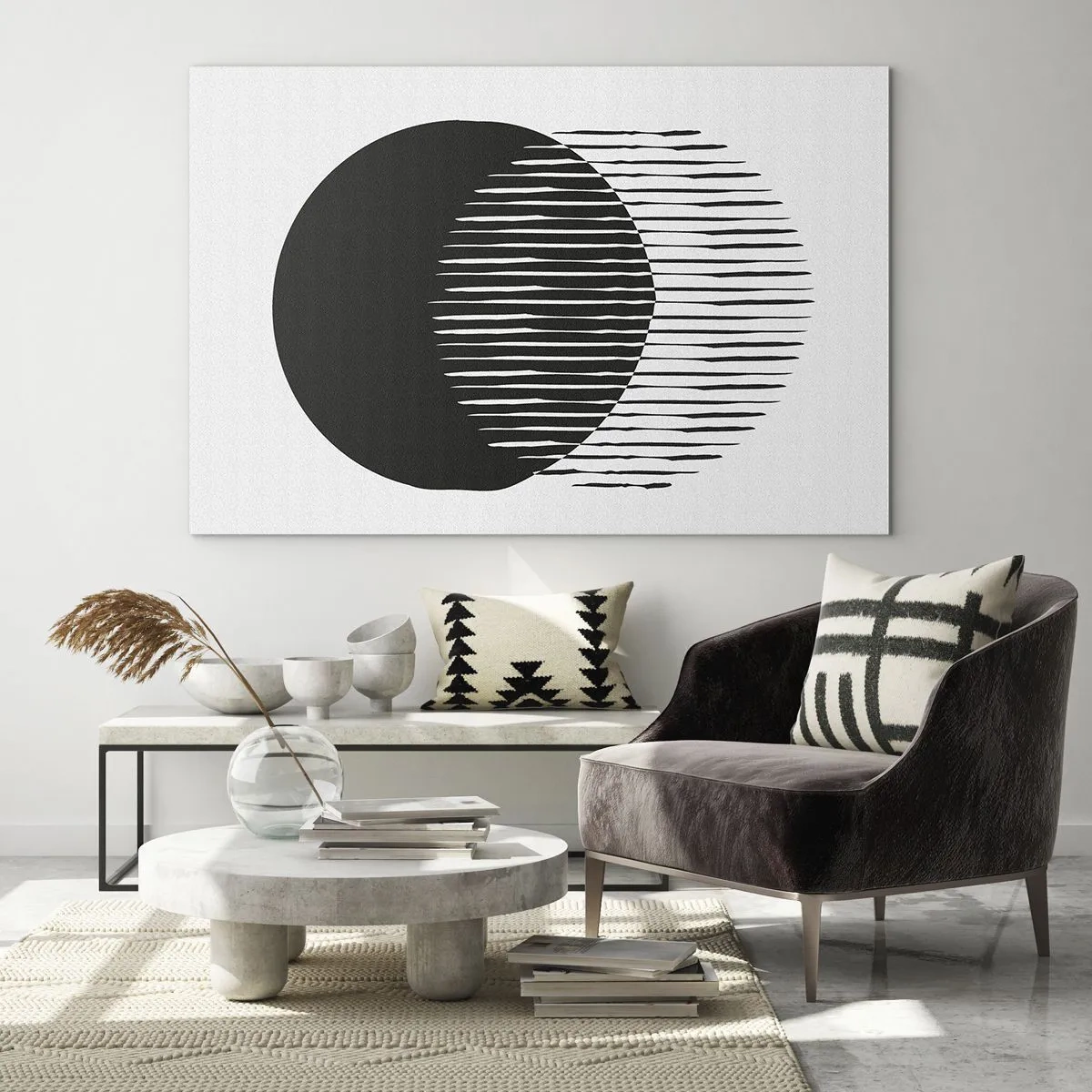 Schilderen op glas - Een minimalistische vorm van twee elkaar kruisende cirkels - 70x50cm - Zijn alter ego - Moderne wanddecoratie voor woonkamer en slaapkamer ARTTOR