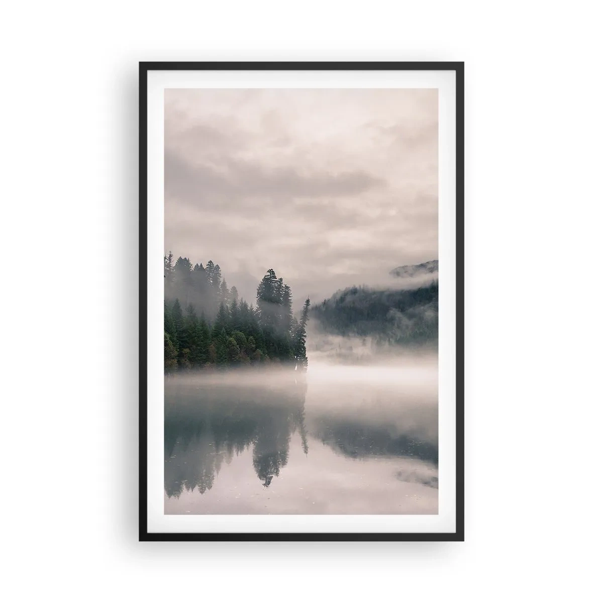 Poster in een zwarte lijst - In reflectie, in de mist - 61x91 cm