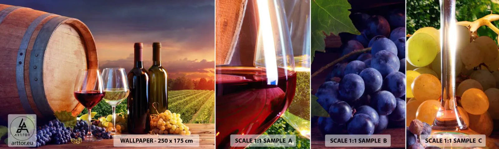 Fotobehang Monster Zelfklevend Deluxe Sticker - Het leven smaakt hier - Wijngaard, Wijnvat, Druif - 100x30 cm