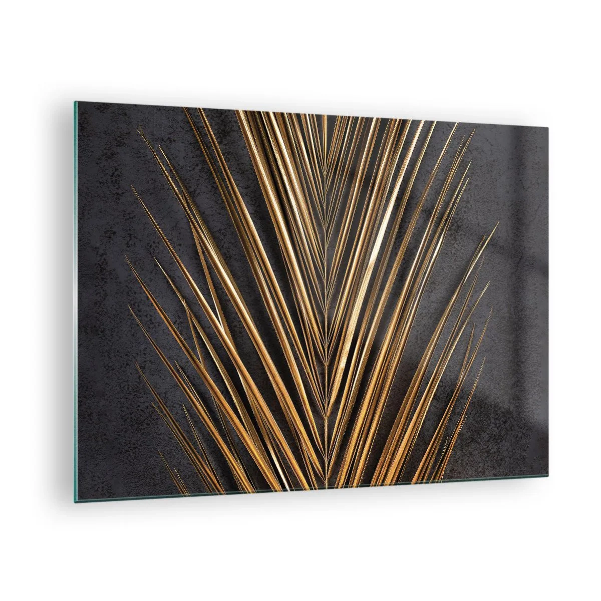 Schilderen op glas - Gouden palmblad op een donkere achtergrond - 70x50cm - Het goud van de tropen - Moderne wanddecoratie voor woonkamer en slaapkamer ARTTOR