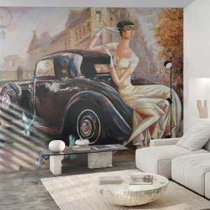 Fotobehang Premium Canvas - Elegantie in retrostijl - Retro-auto, Vrouw, Paleis - 500x350 cm