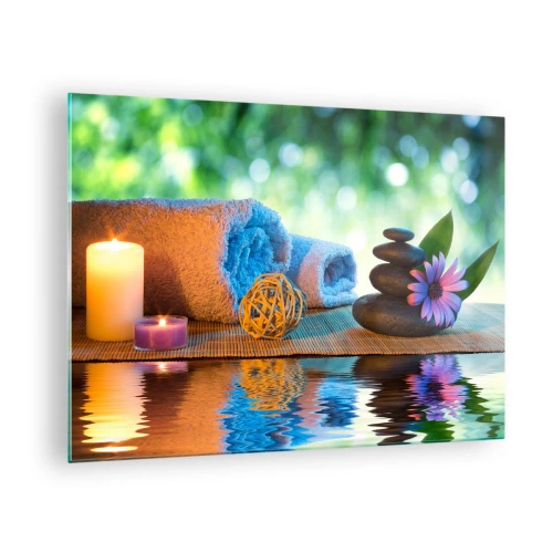 Schilderen op glas - Spa met handdoeken, kaarsen en stenen tegen een natuurlijke achtergrond - 70x50cm - Tijd voor het lichaam - Moderne wanddecoratie voor woonkamer en slaapkamer ARTTOR