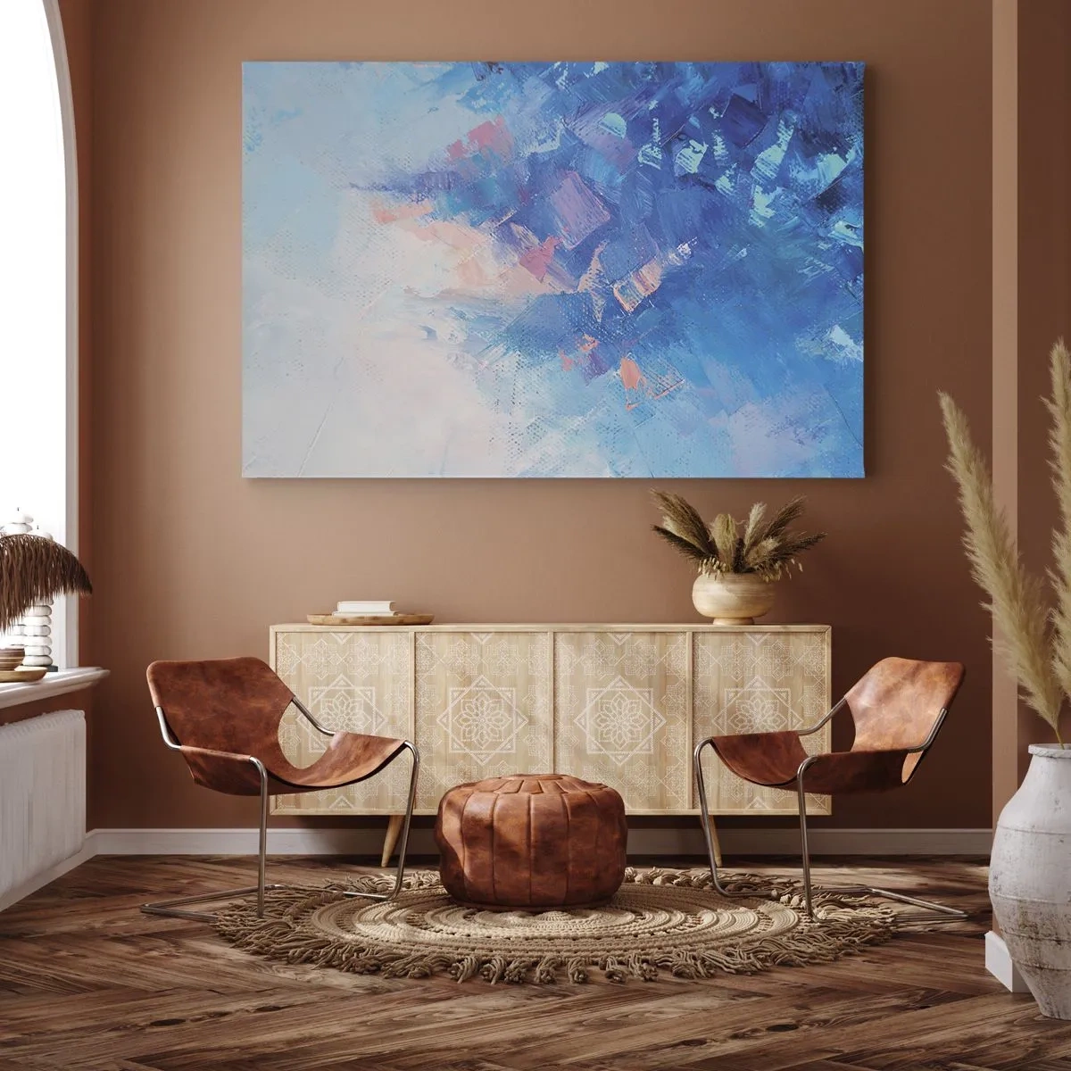 Schilderen op canvas - Abstracte compositie in tinten blauw en roze - 70x50cm - Winter abstractie - Moderne wanddecoratie voor woonkamer en slaapkamer ARTTOR