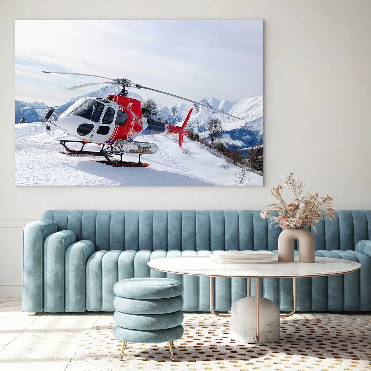 Schilderen op glas - Een rode helikopter in een winters berglandschap - 70x50cm - Altijd klaar - Moderne wanddecoratie voor woonkamer en slaapkamer ARTTOR