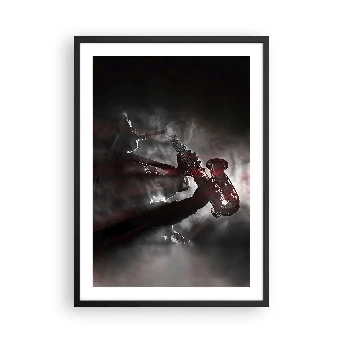 Poster in een zwarte lijst - Het sterke silhouet van de saxofonist in een jazzsfeer - 50x70cm - In de dampen van jazz - Moderne wanddecoratie voor woonkamer en slaapkamer ARTTOR