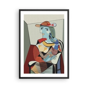 Poster in een zwarte lijst - Kubistisch portret van een vrouw met een hoed - 50x70cm - Door de ogen van Picasso - Moderne wanddecoratie voor woonkamer en slaapkamer ARTTOR