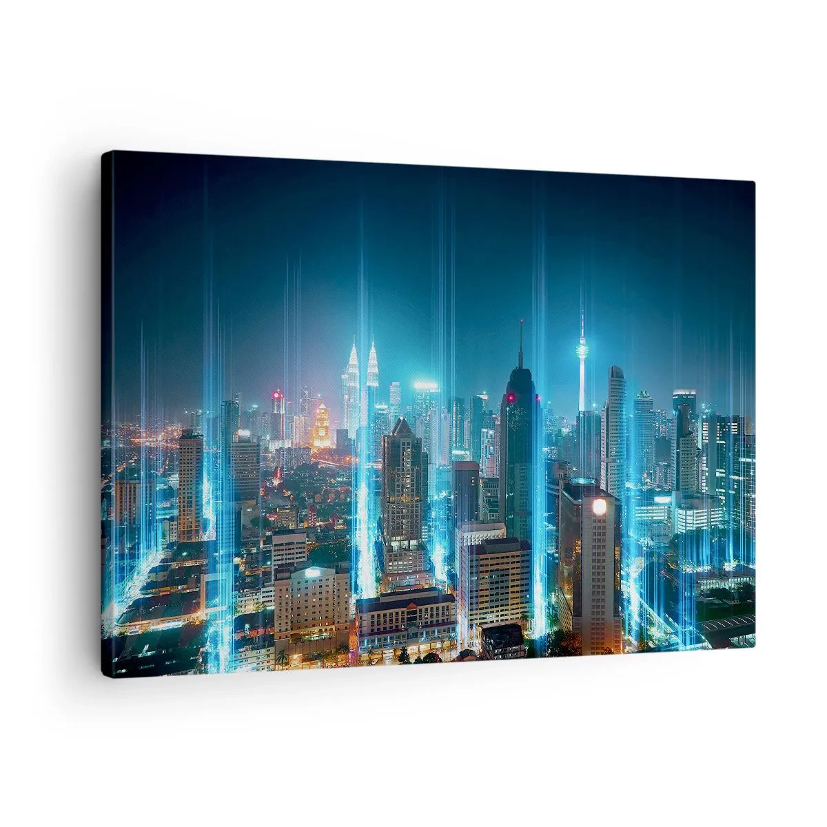Schilderen op canvas - Een moderne stad bij nacht met futuristische lichtaccenten. - 70x50cm - Op z'n Berlijns naar de hemel - Moderne wanddecoratie voor woonkamer en slaapkamer ARTTOR