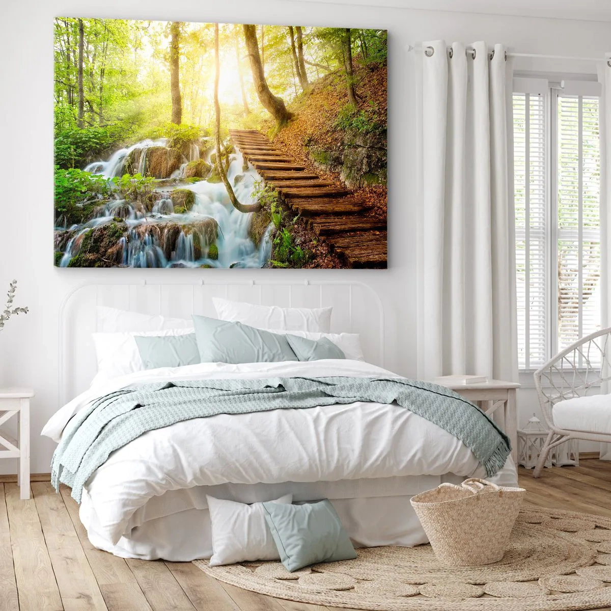 Schilderen op canvas - Bospad met houten trap bij de waterval - 70x50cm - Een felbegeerde koelte - Moderne wanddecoratie voor woonkamer en slaapkamer ARTTOR