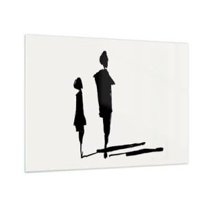 Schilderen op glas - Zwarte silhouetten van twee figuren met schaduwen op een lichte achtergrond - 70x50cm - Zeker samen? - Moderne wanddecoratie voor woonkamer en slaapkamer ARTTOR