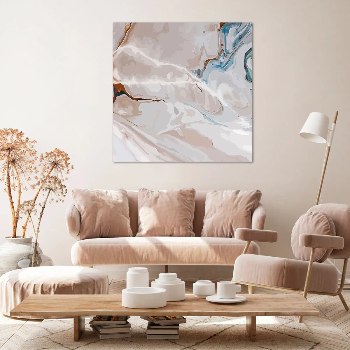 Schilderen op canvas - Blauw kronkelt onder het wit - 70x70 cm