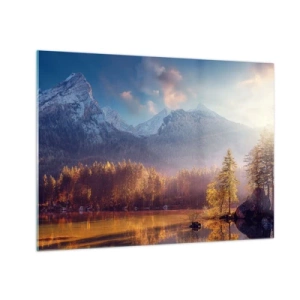 Schilderen op glas - Gouden ochtendlicht over een bergmeer omgeven door bos - 70x50cm - In bergen en dalen - Moderne wanddecoratie voor woonkamer en slaapkamer ARTTOR