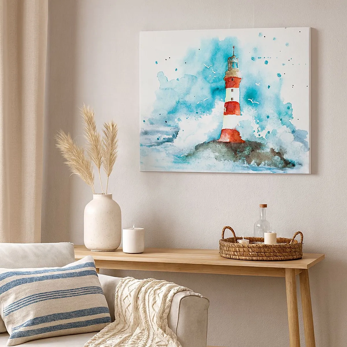 Schilderen op canvas - Een vuurtoren in een aquarelsetting met een blauwe achtergrond - 70x50cm - Eenheid van de elementen - Moderne wanddecoratie voor woonkamer en slaapkamer ARTTOR