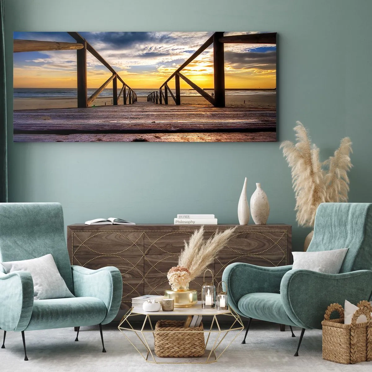 Schilderen op canvas - Rechtstreeks naar het rustige strand bij zonsondergang - 140x50 cm