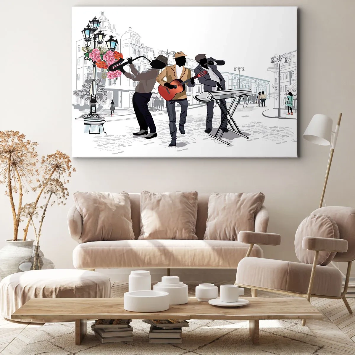 Schilderen op canvas - Straatmuzikanten spelen tegen de achtergrond van een stedelijk landschap - 70x50cm - Straatmuziek - Moderne wanddecoratie voor woonkamer en slaapkamer ARTTOR