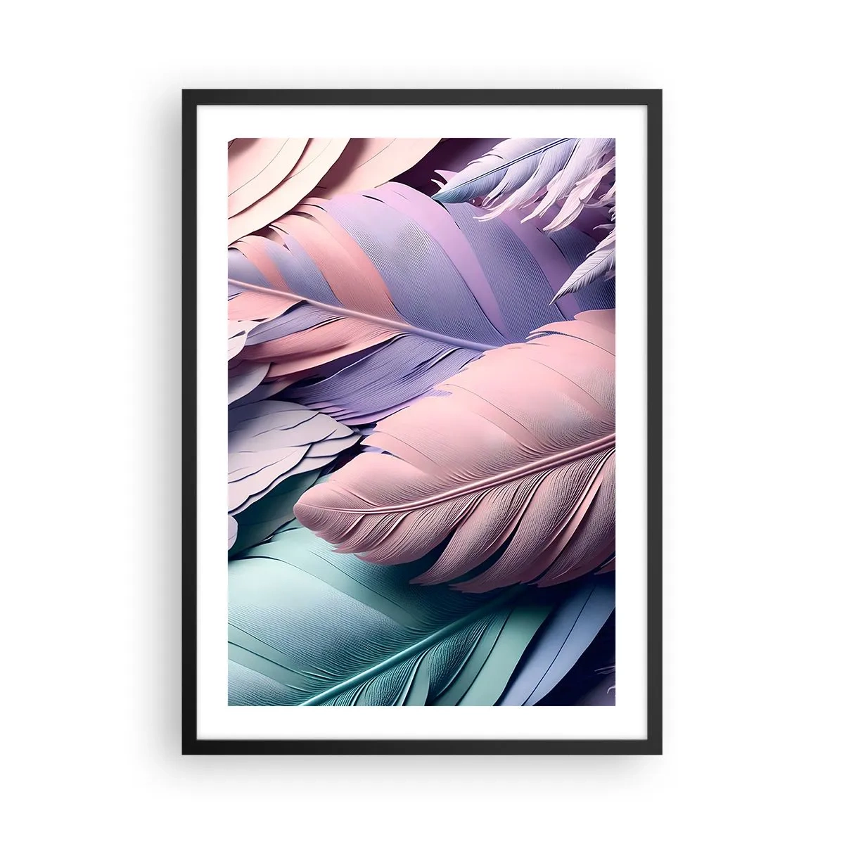 Poster in een zwarte lijst - Pastelveren in delicate tinten - 50x70cm - Vogel chique - Moderne wanddecoratie voor woonkamer en slaapkamer ARTTOR