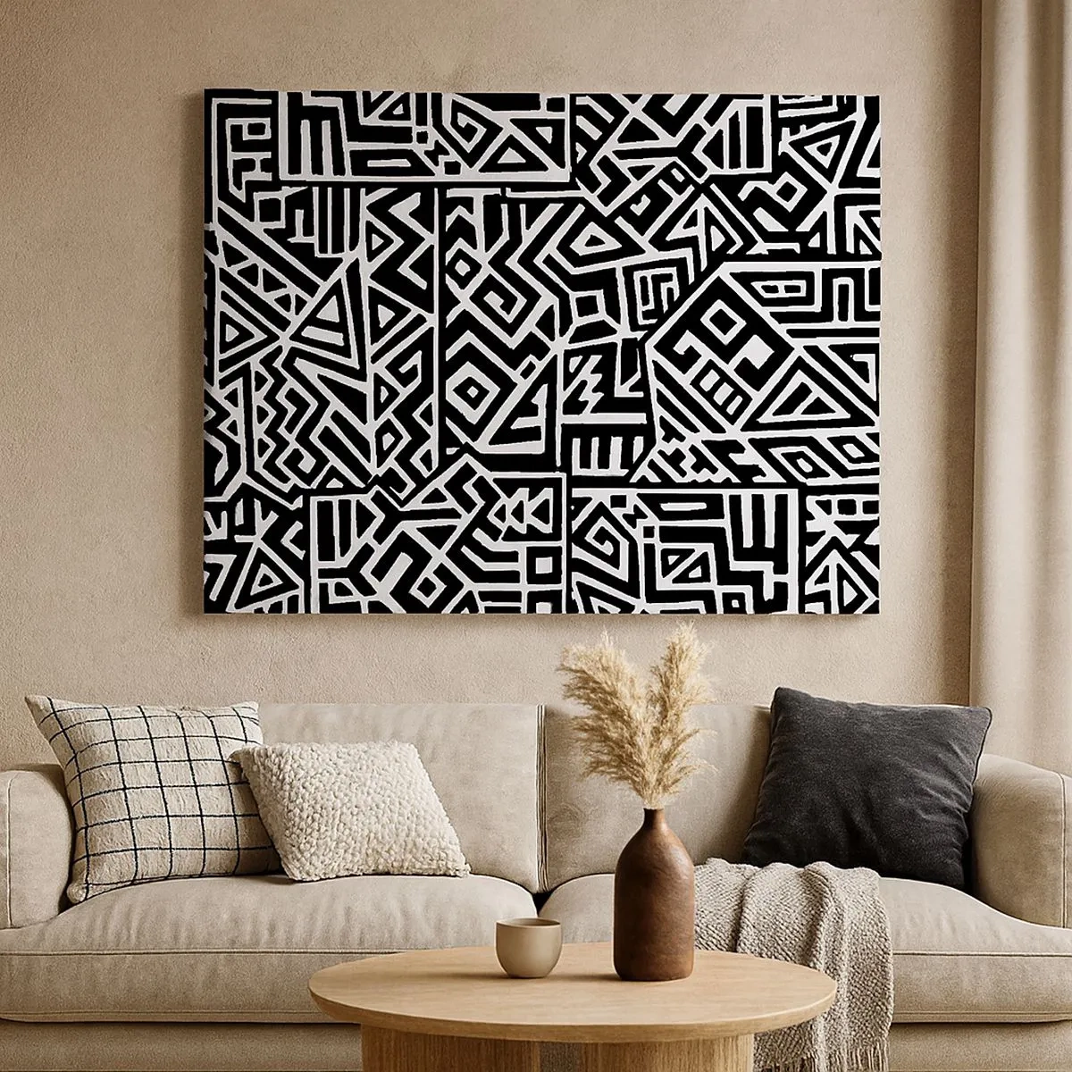 Schilderen op canvas - Zwart-witte geometrische patronen geïnspireerd door de precolumbiaanse cultuur - 70x50cm - Pre-Columbiaanse compositie - Moderne wanddecoratie voor woonkamer en slaapkamer ARTTOR