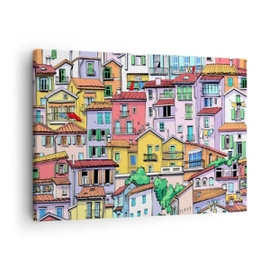Schilderen op canvas - Kleurrijke huurkazernes in een levendige, vrolijke stijl - 70x50cm - Vrolijke stad - Moderne wanddecoratie voor woonkamer en slaapkamer ARTTOR