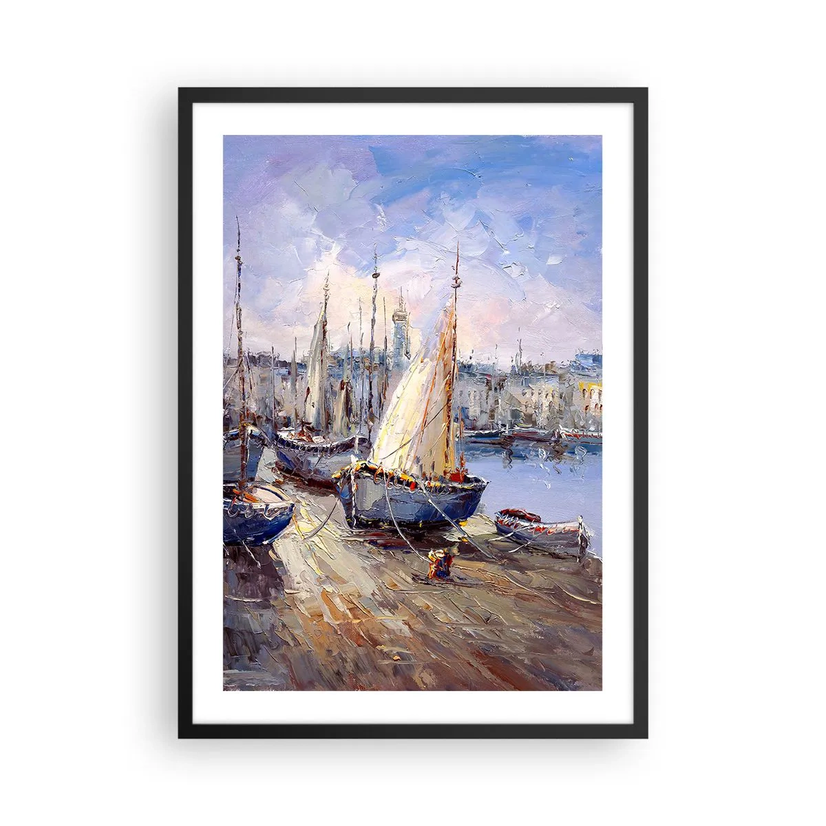 Poster in een zwarte lijst - Zeilboten in een pittoreske haven verlicht door de zonnestralen - 50x70cm - Een stad aan de baai - Moderne wanddecoratie voor woonkamer en slaapkamer ARTTOR