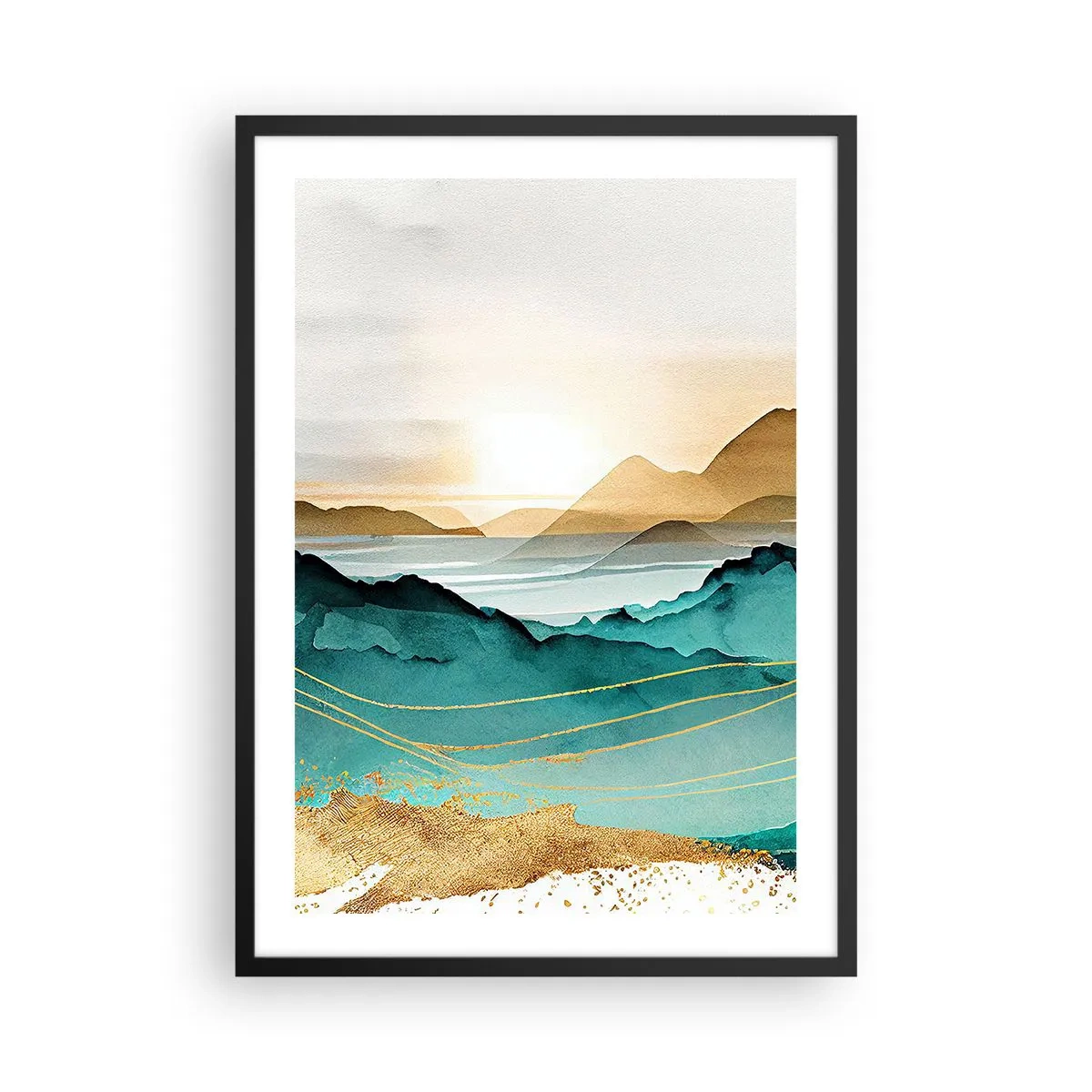 Poster in een zwarte lijst - Een schilderachtig berglandschap in tinten turquoise en goud - 50x70cm - Op de rand van abstractie – landschap - Moderne wanddecoratie voor woonkamer en slaapkamer ARTTOR