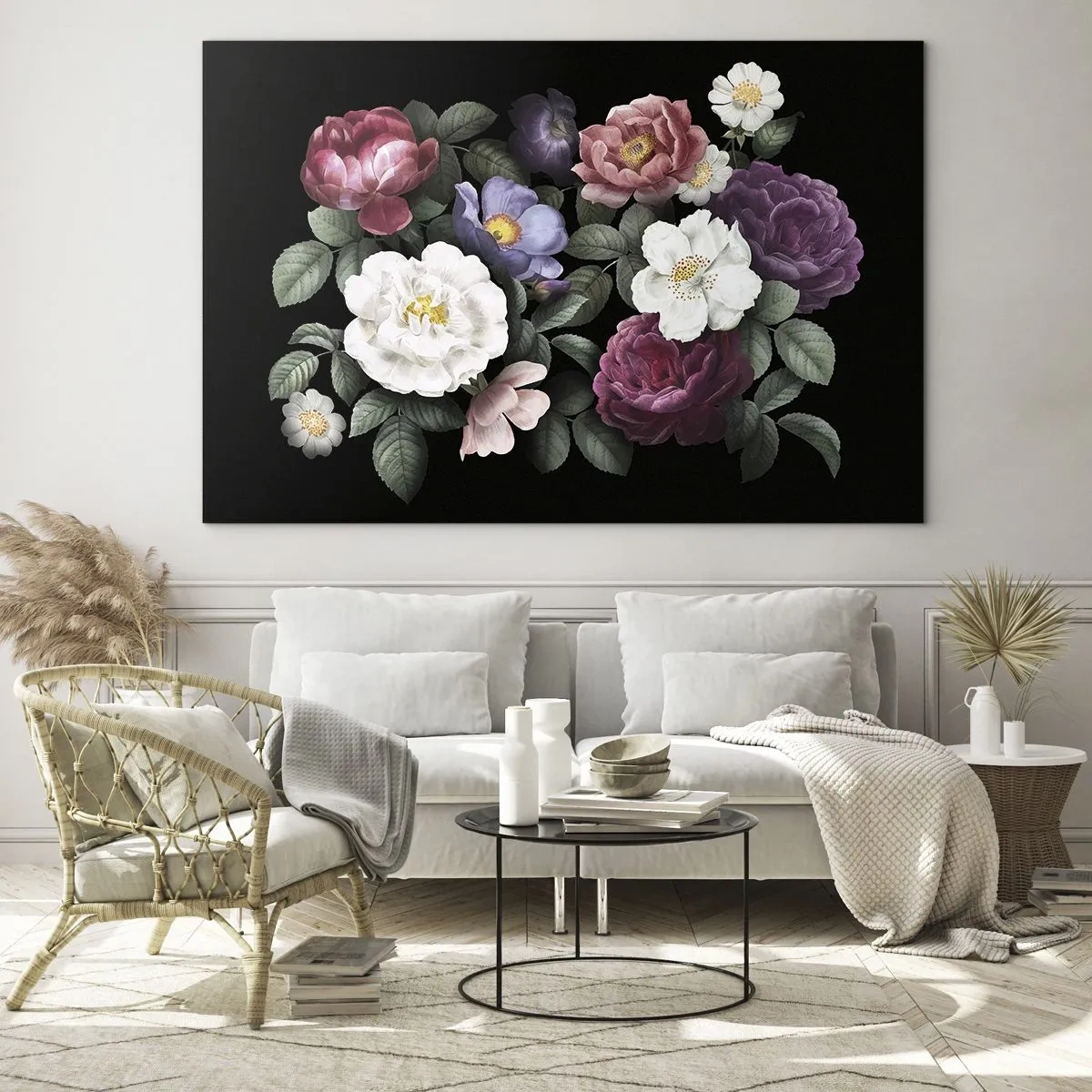 Schilderen op glas - Bloemencompositie met pioenrozen op een zwarte achtergrond - 70x50cm - Uit de Engelse tuin - Moderne wanddecoratie voor woonkamer en slaapkamer ARTTOR