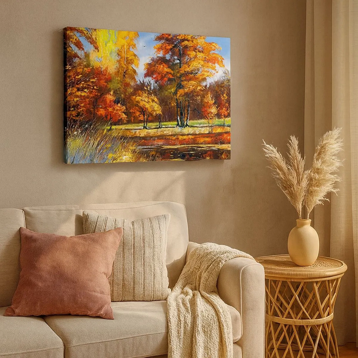 Schilderen op canvas - Herfstlandschap met kleurrijke bomen en een vijver - 70x50cm - Landschap in goud en brons - Moderne wanddecoratie voor woonkamer en slaapkamer ARTTOR