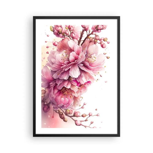 Poster in een zwarte lijst - Tedere roze kersenbloesems in volle bloei tegen een lichte achtergrond - 50x70cm - Kersenbloesem  - Moderne wanddecoratie voor woonkamer en slaapkamer ARTTOR