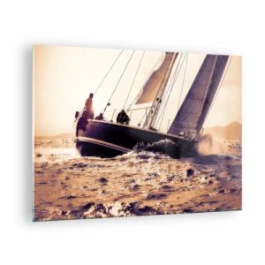 Schilderen op glas - Een zeilboot op een stormachtige zee in warme tinten - 70x50cm - Zeil, matroos - Moderne wanddecoratie voor woonkamer en slaapkamer ARTTOR