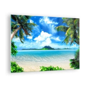 Schilderen op glas - Een tropisch strand met palmbomen en uitzicht op een bergachtig eiland - 70x50cm - Het azuur van de tropen - Moderne wanddecoratie voor woonkamer en slaapkamer ARTTOR