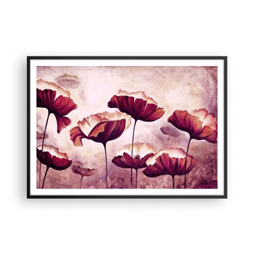 Poster in een zwarte lijst - Rood en wit bloemblad - 100x70 cm