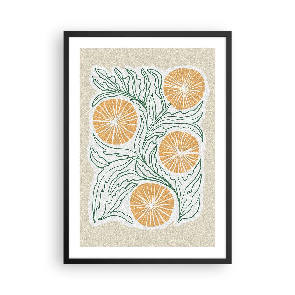 Poster in een zwarte lijst - Abstracte compositie van bladeren en sinaasappels op een beige achtergrond - 50x70cm - Etnisch met een vleugje abstractie - Moderne wanddecoratie voor woonkamer en slaapkamer ARTTOR