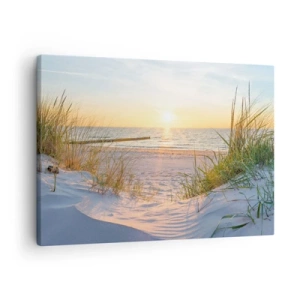 Schilderen op canvas - Een zandstrand met uitzicht op de ondergaande zon in de zee - 70x50cm - Het geluid van de zee, het zingen van vogels, een wild strand tussen het gras... - Moderne wanddecoratie voor woonkamer en slaapkamer ARTTOR