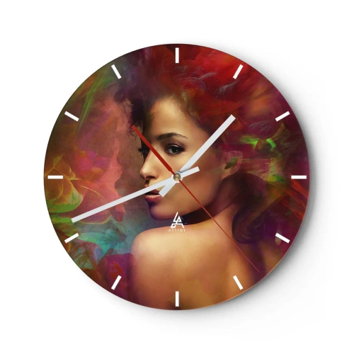Wandklok - Klok - Portret van een vrouw met kleurrijke wazige effecten op de achtergrond - 30x30cm - Mooier dan een regenboog, zo delicaat als een mist - Moderne wanddecoratie voor woonkamer, keuken en slaapkamer ARTTOR