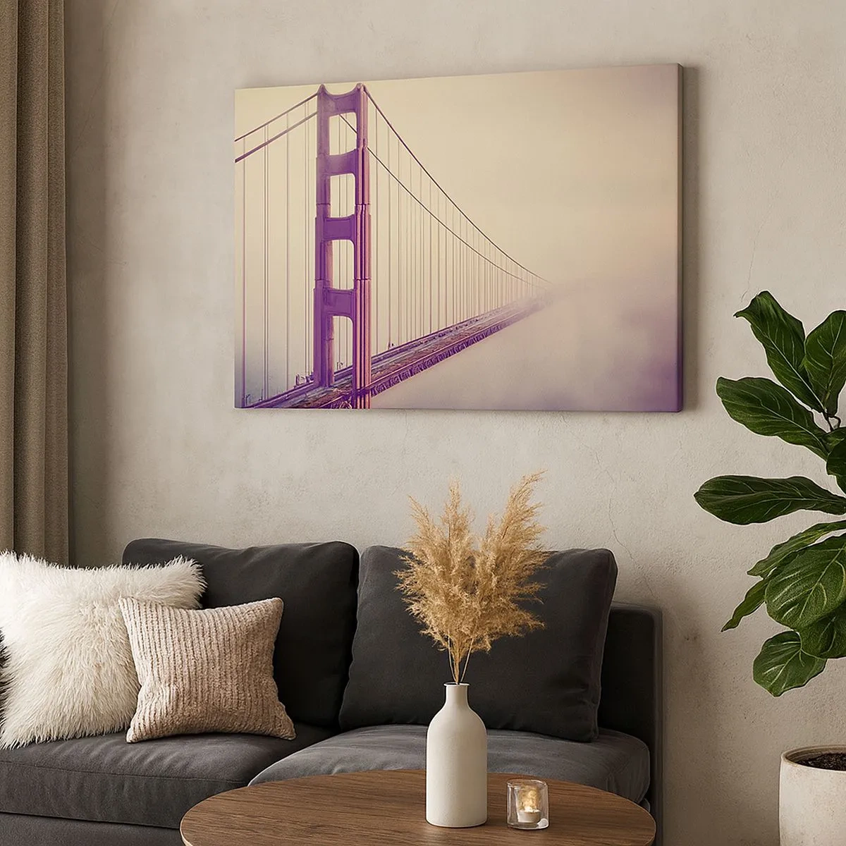 Schilderen op canvas - Een brug in de mist in pasteltinten, een symbool van elegantie en vrede - 70x50cm - Tussen hemel en aarde - Moderne wanddecoratie voor woonkamer en slaapkamer ARTTOR