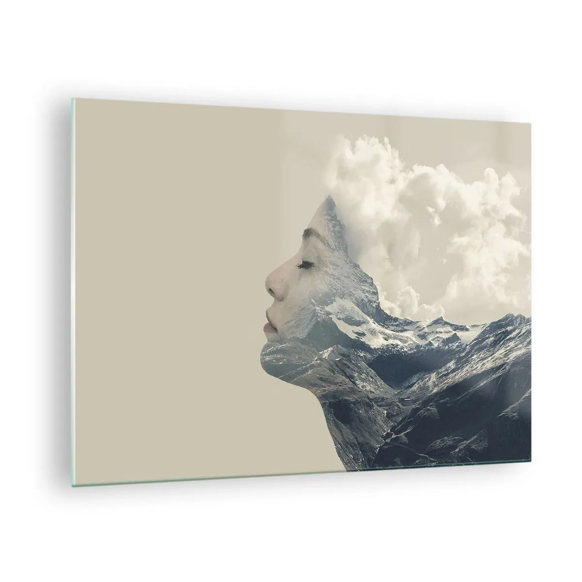 Schilderen op glas - Een vrouwenprofiel met een landschap van bergen en wolken op de achtergrond. - 70x50cm - De schoonheid van de elementen - Moderne wanddecoratie voor woonkamer en slaapkamer ARTTOR