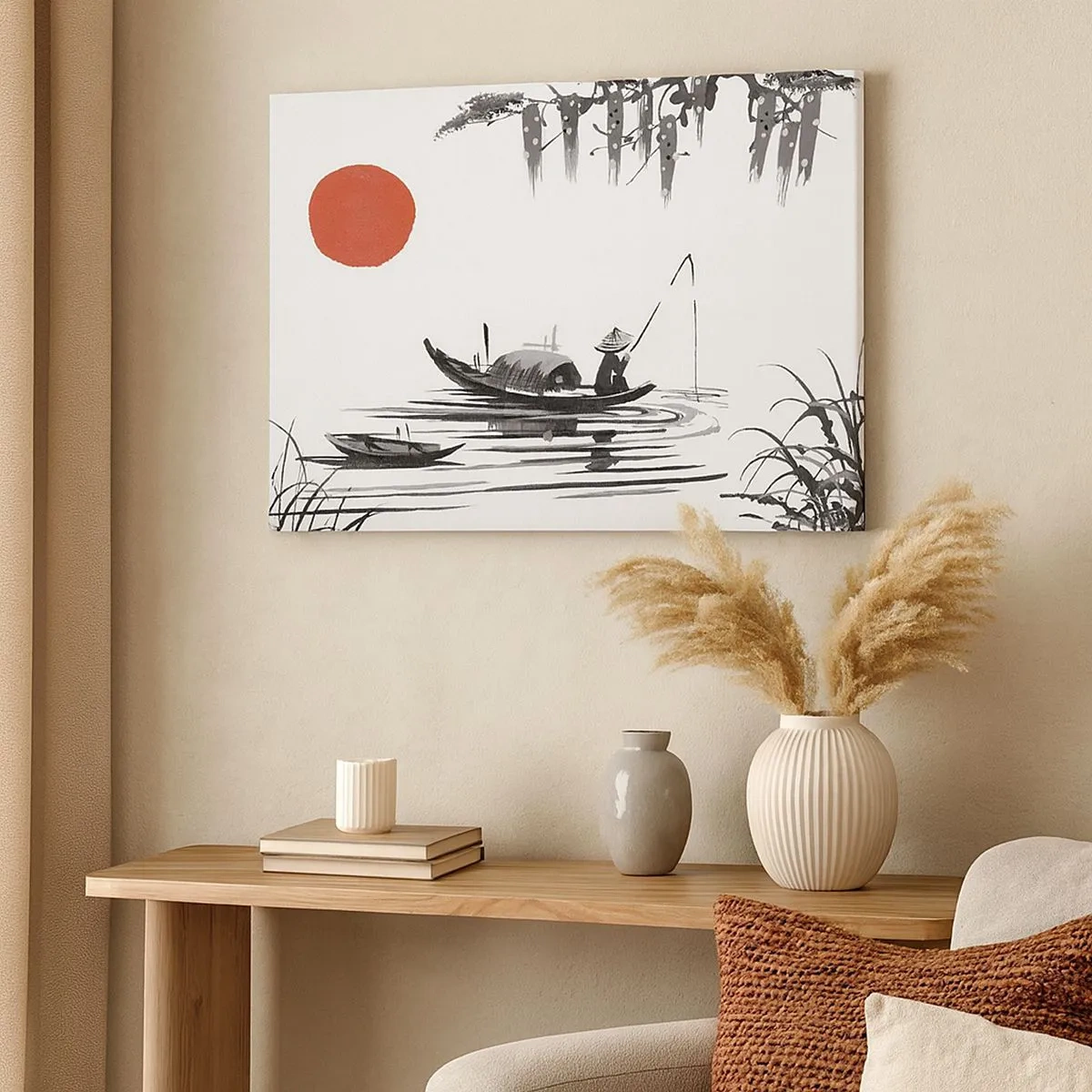 Schilderen op canvas - Oosters landschap met een visser op een boot en een rode zon - 70x50cm - Aziatische middag - Moderne wanddecoratie voor woonkamer en slaapkamer ARTTOR